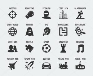 Géneros De Videojuegos 4 Iconos De Géneros De Videojuegos Como Acción, Aventura, Deportes, Estrategia Y Música
