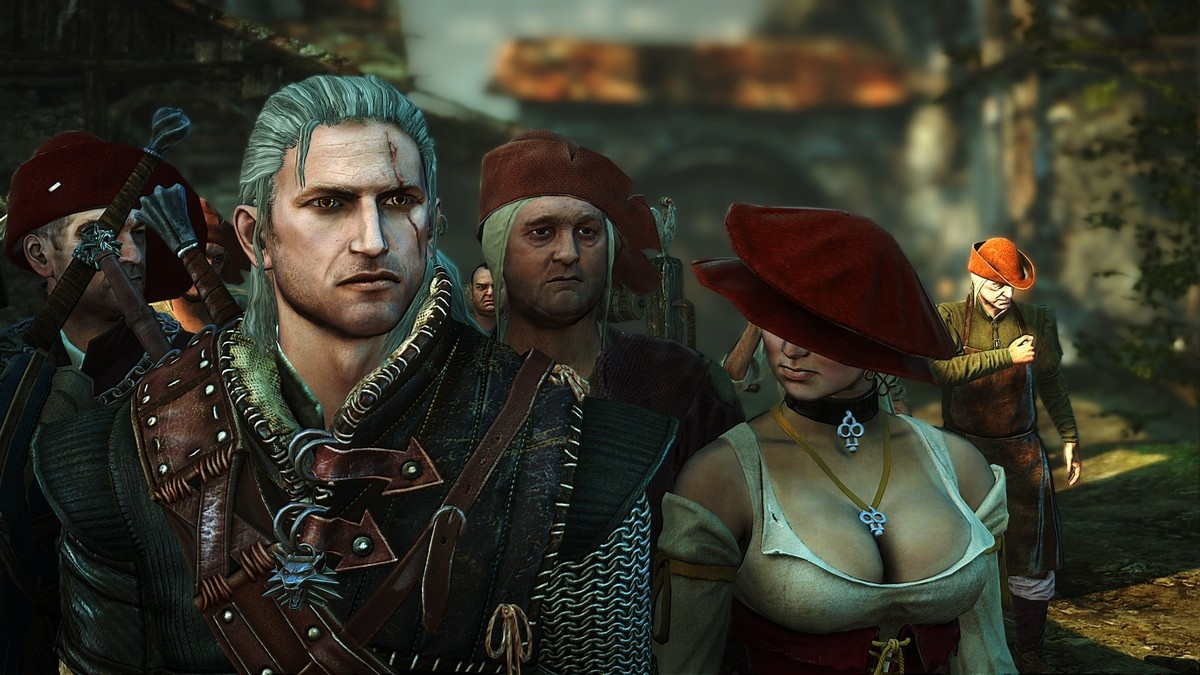 Geralt junto a personajes secundarios en The Witcher 2: Assassins of Kings, incluyendo a Triss y Zoltan